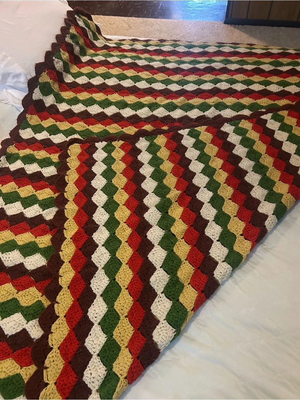 Handmade Crochet Afghan Blanket in Red, Green, Gold & Cream